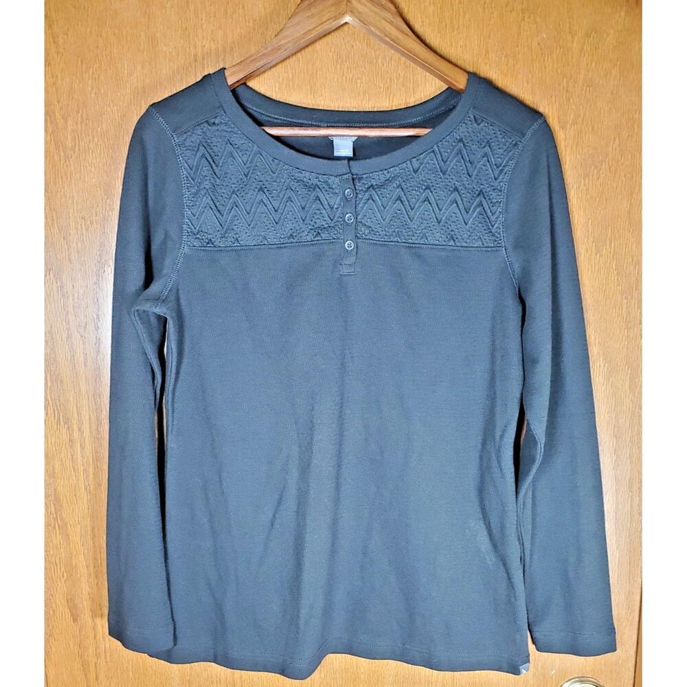 Eddie Bauer NWT Women's Long Sleeve Black Henley Size L Chevron Embroidery